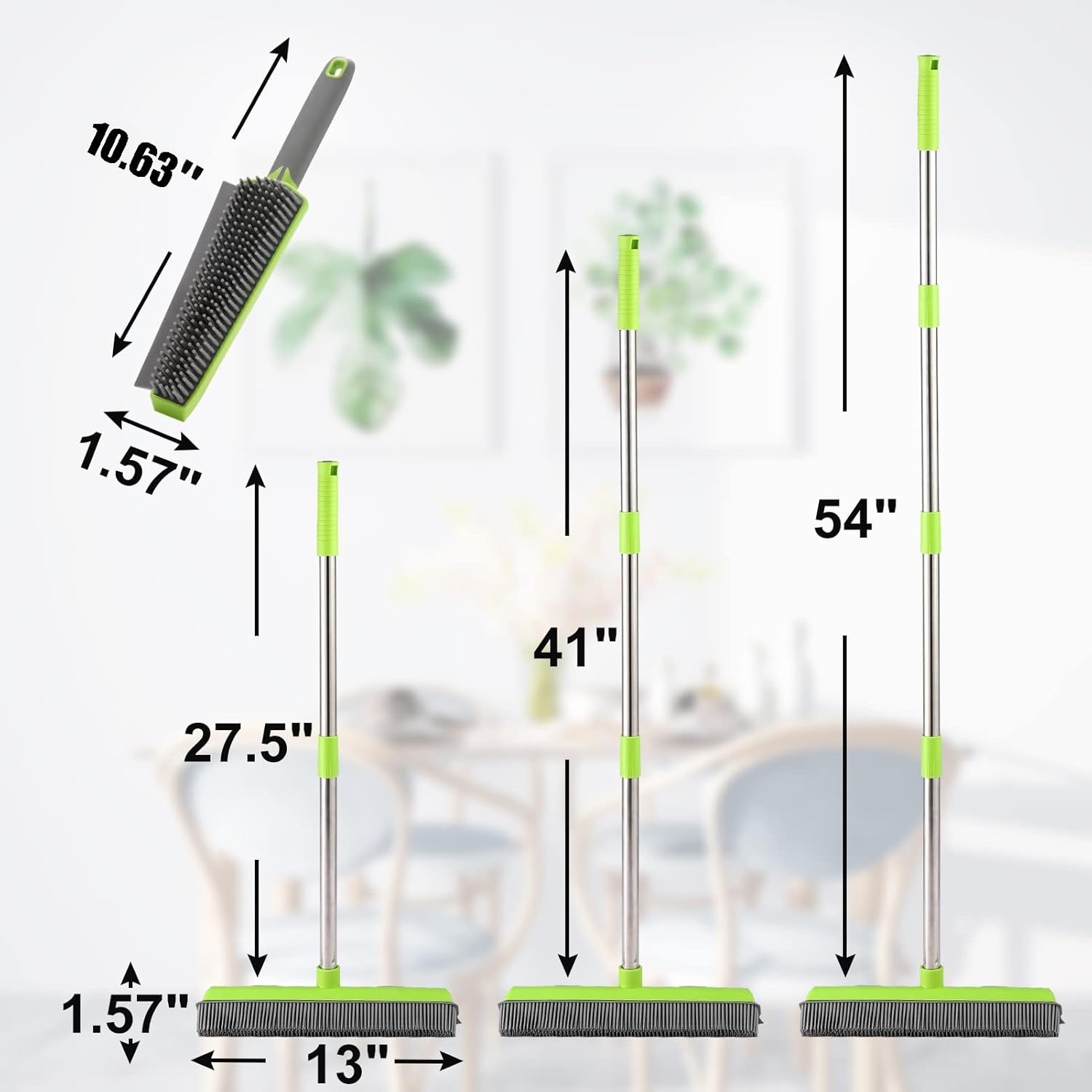 Rubber Broom with Squeegee for Carpet Pet Hair Remover,57 Inch Long Handled Fur Remover Rake,Portable Detailing Lint Brush,Pet Removal Fluff Carpet, Hardwood Floor, Tile