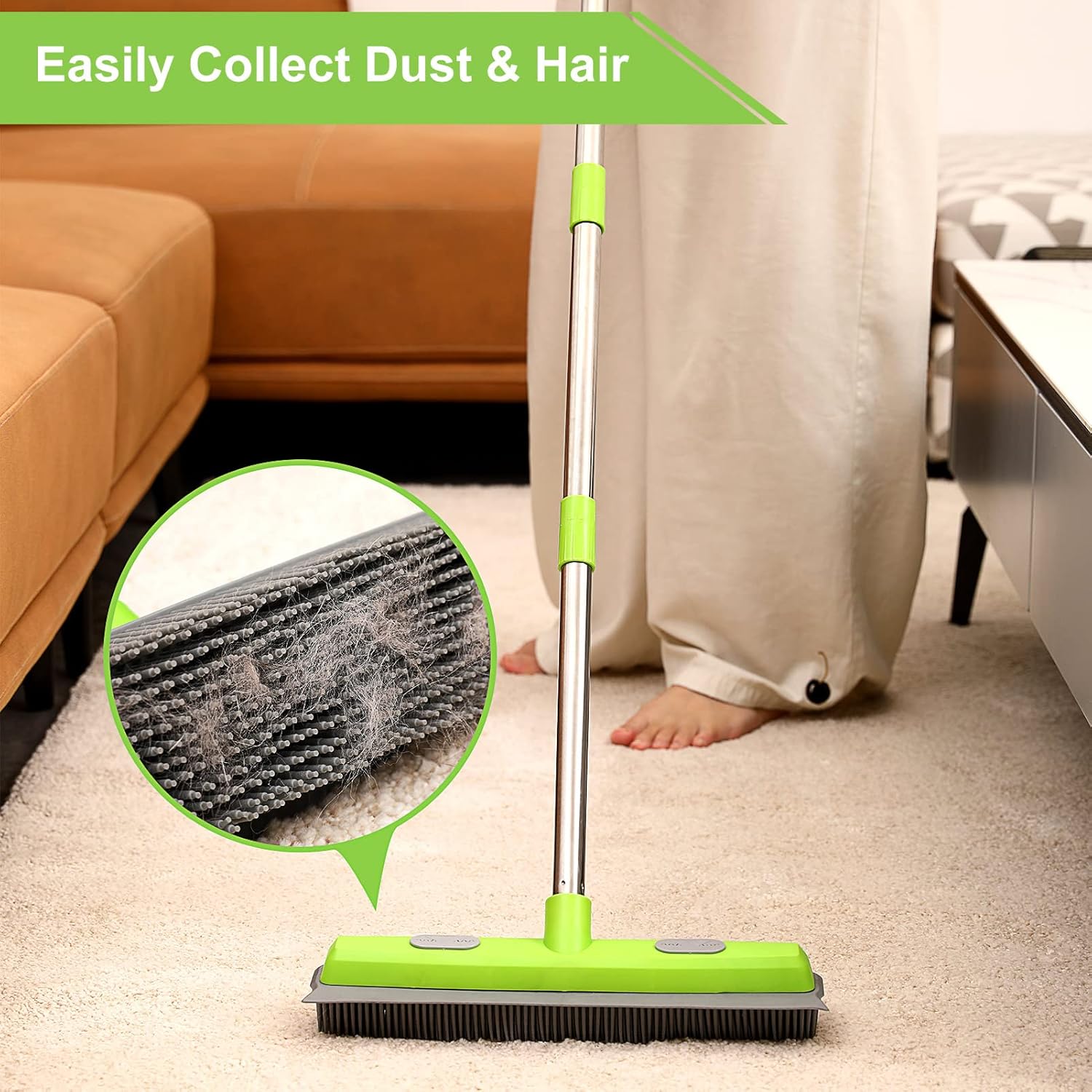 Rubber Broom with Squeegee for Carpet Pet Hair Remover,57 Inch Long Handled Fur Remover Rake,Portable Detailing Lint Brush,Pet Removal Fluff Carpet, Hardwood Floor, Tile