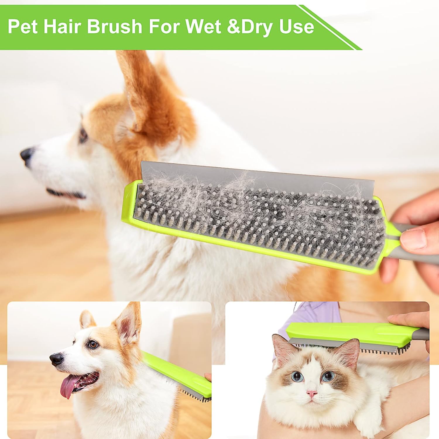 Rubber Broom with Squeegee for Carpet Pet Hair Remover,57 Inch Long Handled Fur Remover Rake,Portable Detailing Lint Brush,Pet Removal Fluff Carpet, Hardwood Floor, Tile